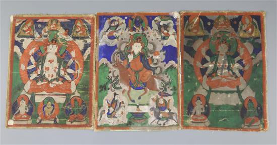 A set of five Tibetan thangkas depicting Buddhist deities, late 19th century, each 20 x 14cm